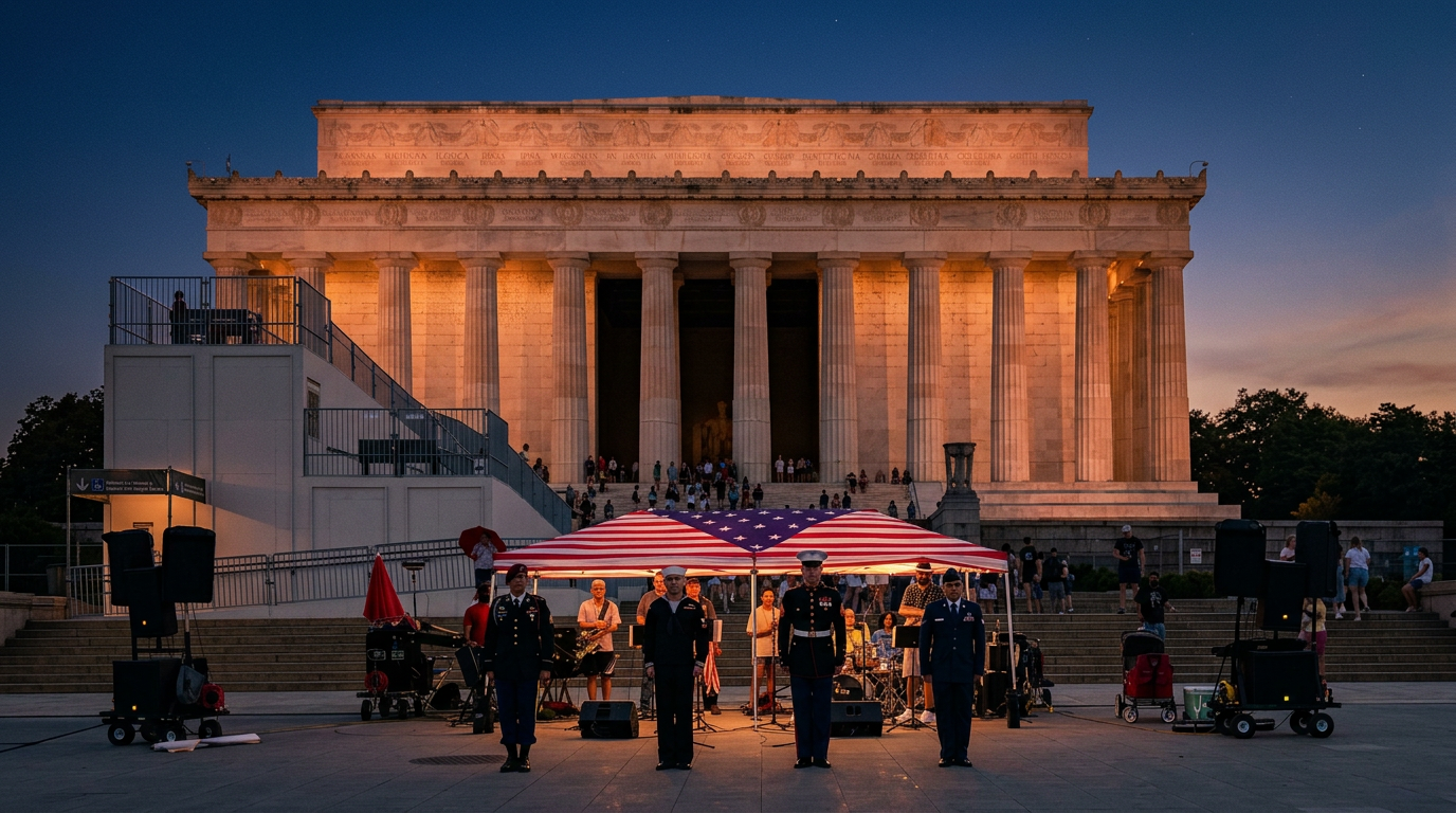 Service members standing at attention beneath an American flag canopy on the steps of the Lincoln Memorial at dusk during God and Country 2024